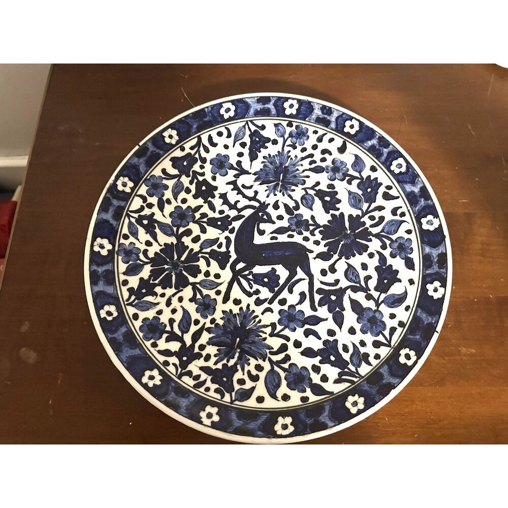Handpainted Made in Greece Plate Wall Decor Blue Floral and gazelle 12 inches
